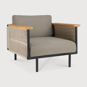 Corbey Outdoor Lounge Chair
35.5 x 33.5 x 29 H inches, Seat 14 H inches
Aluminum, Teak, Synthetic Cord, Fabric, Foam