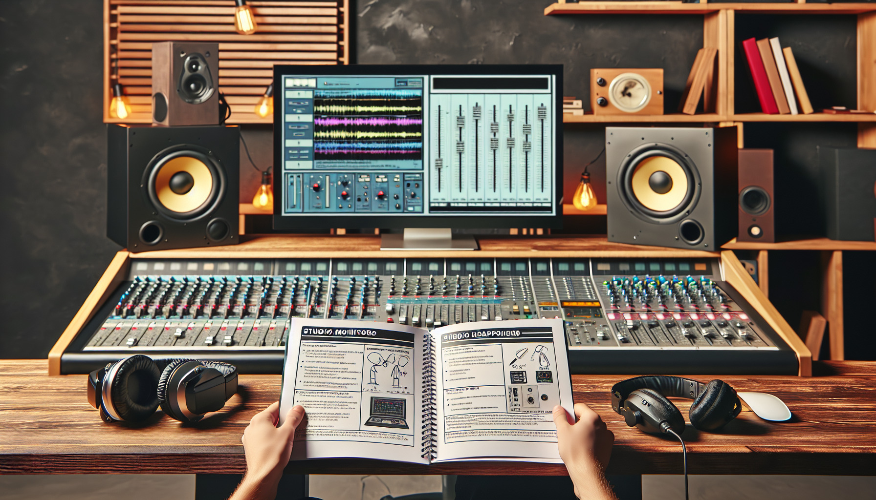 picture of a multiple studio monitors and also headphones in front of a digital audio workstation