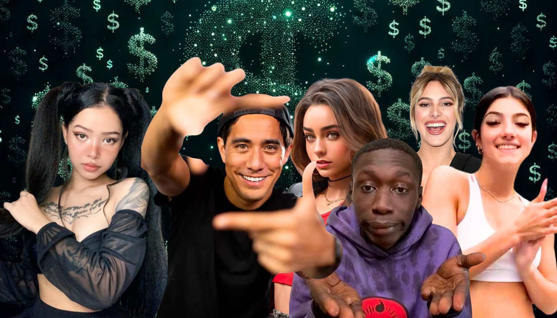 Money signs floating around as influencers like Sommer Ray, Khabe Lame, Lele Pons, Zach King, and Bella Poarch pose in the foeground